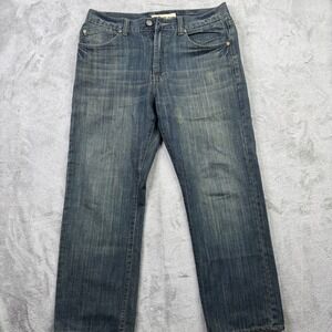 BASIC CODE JEANS Mens W34 L30 Blue Denim Straight Leg Distressed Style Jeans